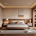 Modern Bedroom With Wooden Headboard Wall Decorative Painting Nightstands Table Lamps Rug And Accent Chair