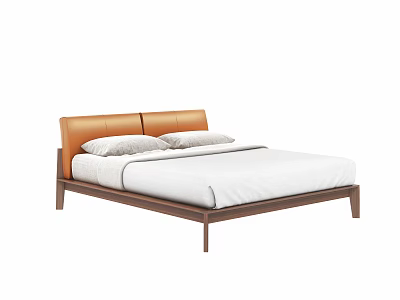 Double Bed With Orange Leather Headboard Wooden Frame White Mattress And Gray Pillows 3d model
