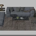 Modern Gray Sofa And Coffee Table Set With Throw Pillows Marble Top And Knitted Throw 3d model