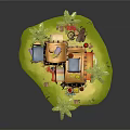 Cartoon Scene of Earth Yellow Two Story Hut With Palm Trees Stall and Green Grass