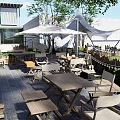 Outdoor Restaurant Seating Area With Trees Umbrella Stone Steps And Greenery