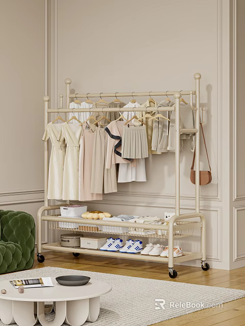 Pastel Colored Clothes Hanging On Metal Clothing Rack With Dresses Sneakers And Storage Boxes 3d model 