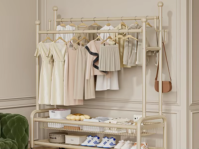 Pastel Colored Clothes Hanging On Metal Clothing Rack With Dresses Sneakers And Storage Boxes 3d model
