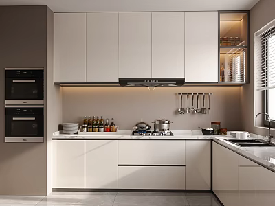 Modern Kitchen Interior With White Cabinets Double Ovens Stove Bottles Dishes On Countertop Window Blinds 3d model