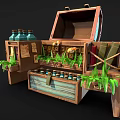 Open Wooden Chest With Bottles Plants Jars And Books Inside