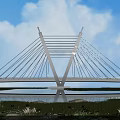 Modern Cable Stayed Bridge Over Water With Blue Sky White Clouds And Lotus Flowers