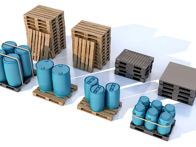 Stacked Wooden Pallets And Blue Barrels For Storage Logistics Supplies 3d model