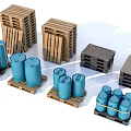 Stacked Wooden Pallets And Blue Barrels For Storage Logistics Supplies