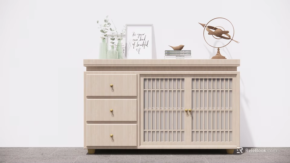 Light Wood Entryway Console Cabinet With Lattice Doors Drawers And Decorative Vase Photo Frame 3d model 