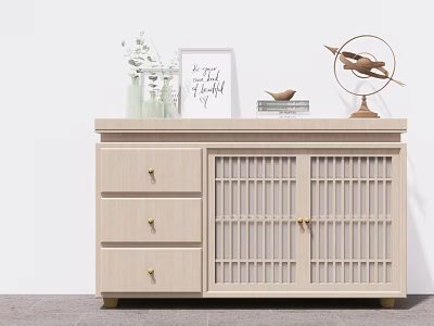 Light Wood Entryway Console Cabinet With Lattice Doors Drawers And Decorative Vase Photo Frame 3d model