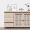 Light Wood Entryway Console Cabinet With Lattice Doors Drawers And Decorative Vase Photo Frame
