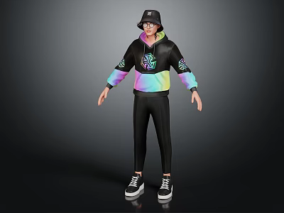 Character in Black Hoodie With Colorful Gradient Sleeves Chest Logo Black Pants Hat Glasses Sneakers 3d model