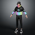 Character in Black Hoodie With Colorful Gradient Sleeves Chest Logo Black Pants Hat Glasses Sneakers