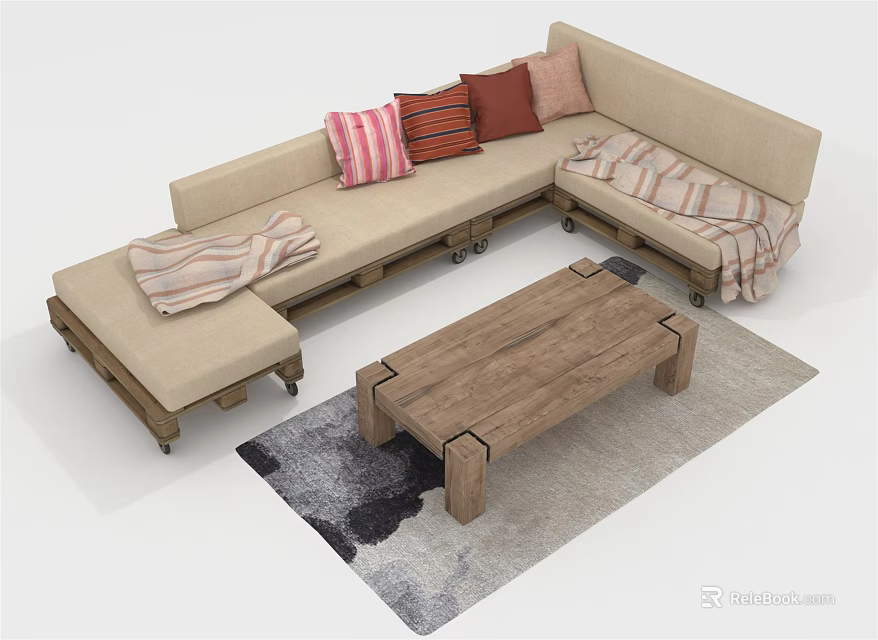 Cozy Modern Beige Sectional Sofa With Wooden Frame Colorful Pillows Striped Blankets And Coffee Table 3d model 