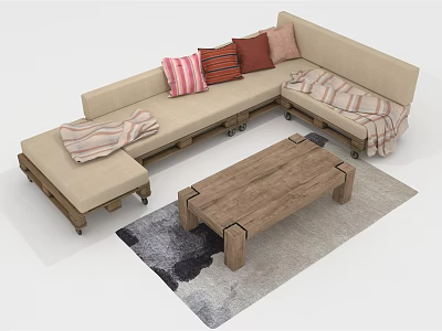 Cozy Modern Beige Sectional Sofa With Wooden Frame Colorful Pillows Striped Blankets And Coffee Table 3d model