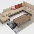 Cozy Modern Beige Sectional Sofa With Wooden Frame Colorful Pillows Striped Blankets And Coffee Table