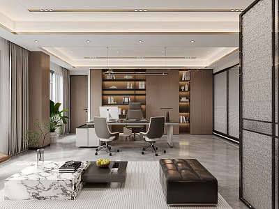 Modern Office Interior Design With Desk Chairs Bookshelves Sofa Marble Coffee Table And Plants 3d model