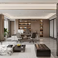Modern Office Interior Design With Desk Chairs Bookshelves Sofa Marble Coffee Table And Plants