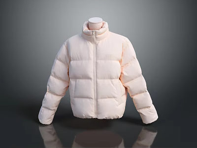 Stylish Light Pink Puffer Jacket Displayed On Mannequin With Gray Background 3d model