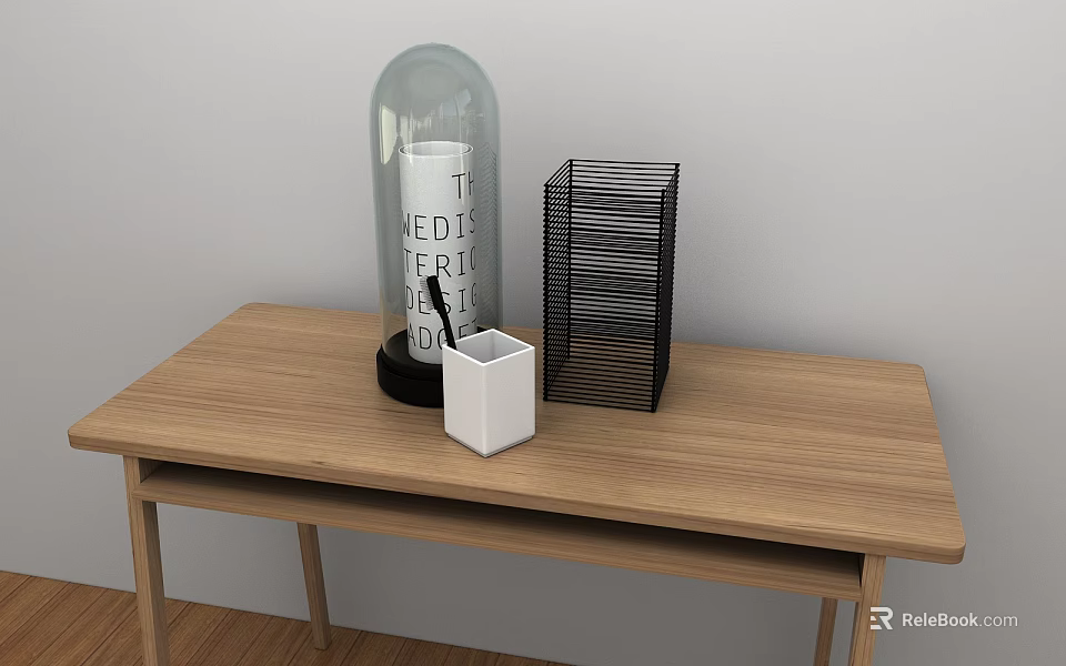 Decorative Ornament Set on Wooden Table with Glass Dome Letter Blocks Black Striped White Cube 3d model 