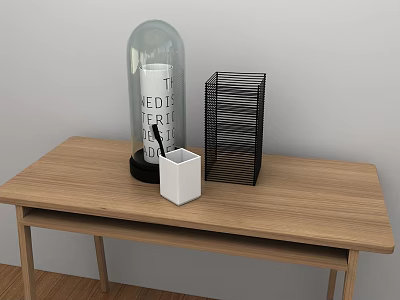 Decorative Ornament Set on Wooden Table with Glass Dome Letter Blocks Black Striped White Cube 3d model