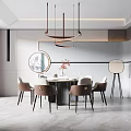 Modern Open Concept Restaurant Interior With Dining Table Chairs And Pendant Lights 3d model