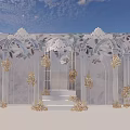 Elegant Event Entrance With White Arches Golden Flowers Against Blue Sky White Clouds And Steps