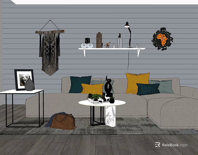 Gray Sectional Sofa With Colorful Cushions Round Coffee Table And Wall Decor 3d model