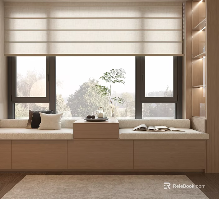 Modern Bay Window Design With Upholstered Seat Small Table Plant Bookshelf And Outdoor Green View 3d model 