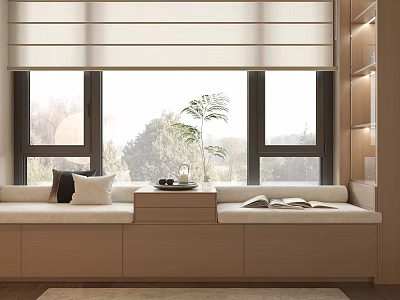 Modern Bay Window Design With Upholstered Seat Small Table Plant Bookshelf And Outdoor Green View 3d model