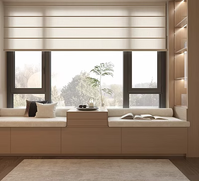 Modern Bay Window Design With Upholstered Seat Small Table Plant Bookshelf And Outdoor Green View 3d model