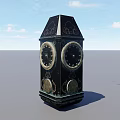 Black Decorative Tower Ornament With Intricate Circular Patterns Metallic Borders Faceted Surface And Top Spire
