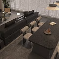 Modern Dining Table Set With Black Wooden Top And Six Beige Fabric Chairs
