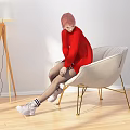 Woman In Red Sweater Sitting On Beige Chair With Elegant Posture And Soft Lighting