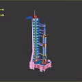 Red Launch Tower Supporting White Space Rocket with Metallic Platform Structure 3d model