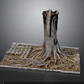 3D Wooden Tree Trunk with Stone Base Exposed Roots and Golden Accents