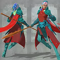 Game Movie Character Blue Pink Hair Green Red Outfit Holding Spear Red Cape Gray Architecture
