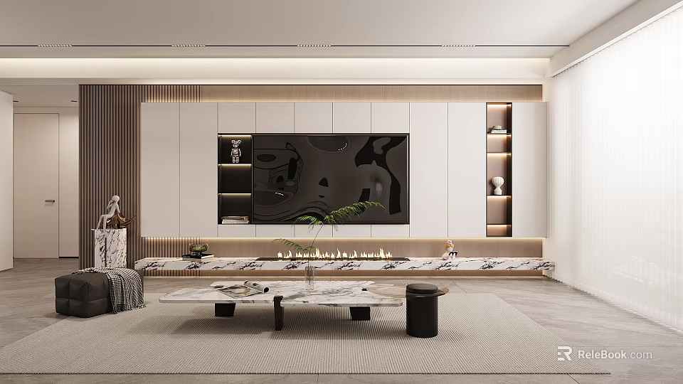 Modern Living Room Interior With TV Wall Decorative Fireplace Marble Coffee Table And Green Plant 3d model 