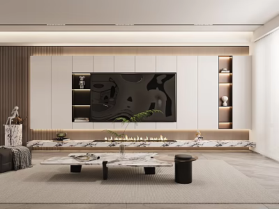Modern Living Room Interior With TV Wall Decorative Fireplace Marble Coffee Table And Green Plant 3d model
