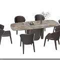 Modern Marble Dining Table Set With Gray Brown Chairs And Plant Vase 3d model