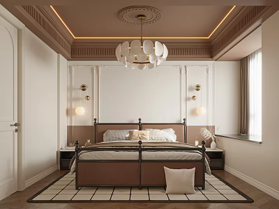Elegant Modern Bedroom Interior With Bedside Tables Chandelier Ceiling Decor And Area Rug 3d model