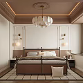 Elegant Modern Bedroom Interior With Bedside Tables Chandelier Ceiling Decor And Area Rug