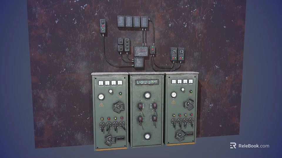 Green Industrial Control Panels Featuring Multiple Buttons Knobs Indicator Lights Top Wires On Dark Background 3d model