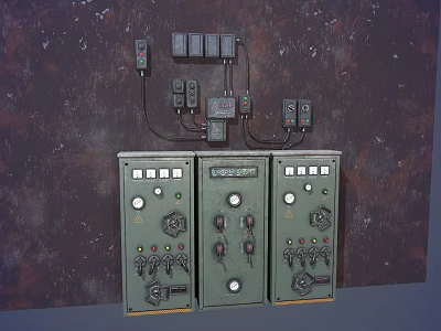 Green Industrial Control Panels Featuring Multiple Buttons Knobs Indicator Lights Top Wires On Dark Background 3d model