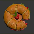 Delicious Ring Shaped Sandwich With Sesame Seeds Red Strawberry Green Leaves Tomato And Sausage