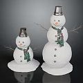 Small And Large Snowmen With Silver Hats Green Scarves And Branch Arms