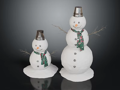 Small And Large Snowmen With Silver Hats Green Scarves And Branch Arms 3d model