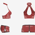 Stylish Red Crop Top Shorts Set with Cutout Design Halter Neck and White Patterns