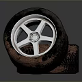 Worn Car Tires With Silver Alloy Wheels And Tread Patterns 3d model