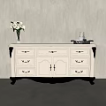White Display Cabinet With Golden Trim Classic Design Drawers Doors Topped With Vase Decorative Item